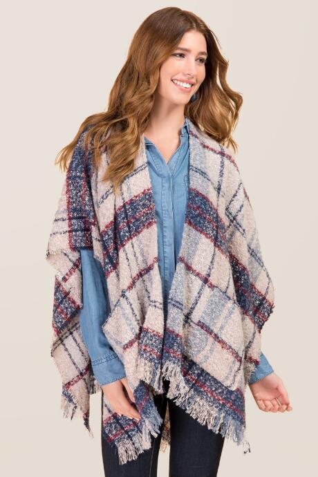 Francesca's Quincy Boucle Plaid Ruana - Navy