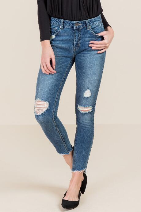 Francesca's Harper Destructed Inverted Hem Jeans - Medium Wash