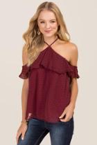 Blue Rain Clair Swiss Dot Y-neck Ruffle Sleeve Top - Wine