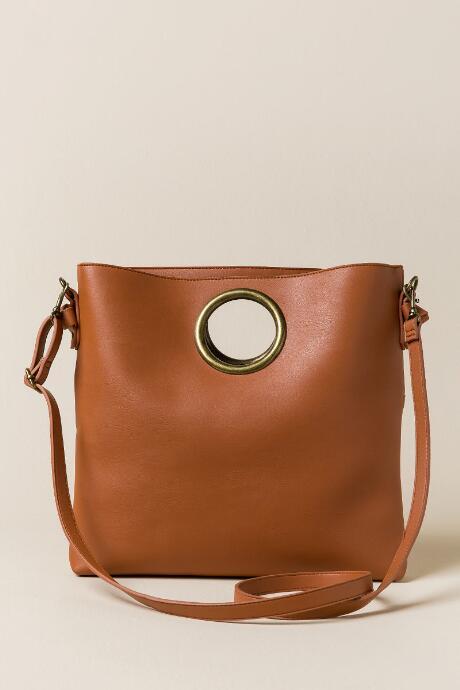 Francesca's Mandi Ring Handle Large Crossbody Clutch - Cognac