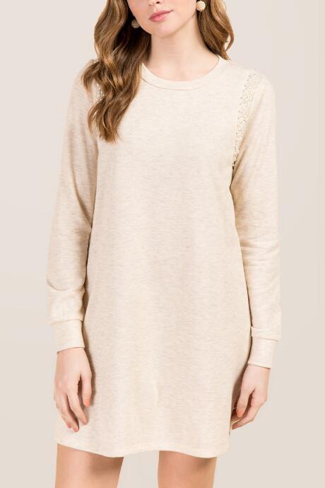 Alya Celine Pearl Shoulder Sweatshirt Dress - Heather Oat