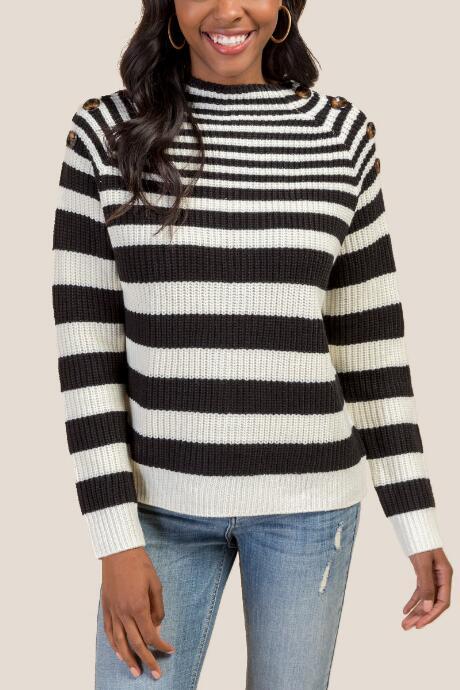 Francesca's Talia Button Shoulder Pullover Sweater - Black/white