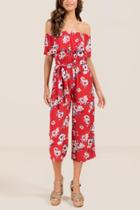 Francesca's Goldie Off The Shoulder Floral Jumpsuit - Red