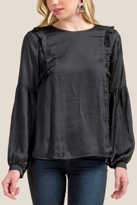 Francesca's Carrie Satin Ruffle Statement Sleeve Blouse - Black