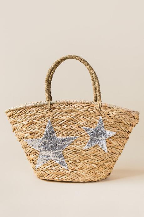 Francesca's Ally Sequin Star Beach Tote - Natural