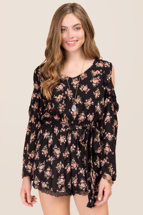 Blue Rain Persephone Floral Ruffle Romper - Black