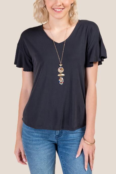 Francesca's Kara Ruffle Sleeved Basic Top - Black