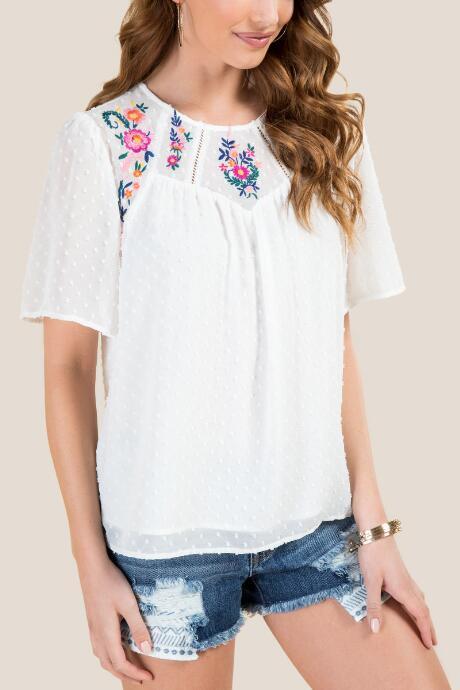 Francesca's Mandy Flutter Sleeve Embroidered Top - Ivory