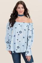 Blue Rain Giselle Embroidered Floral Off The Shoulder Top - Navy
