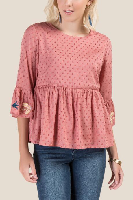 Francesca's Pia Embroidered Peplum Blouse - Rose