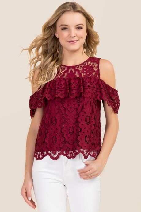 Blue Rain Mina Lace Cold Shoulder Top - Wine