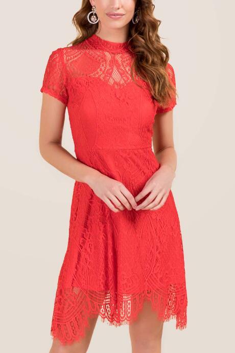 Francesca's Magnolia Hi Neck Lace Shift Dress - Red