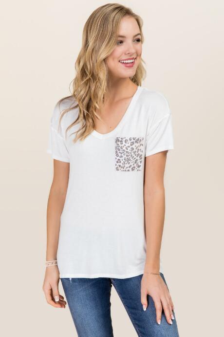 Alya Ailsa Cheetah Pocket V Neck Tee - White