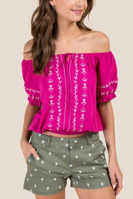 Francesca Inchess Bree Embroidered Peasant Blouse - Fuchsia