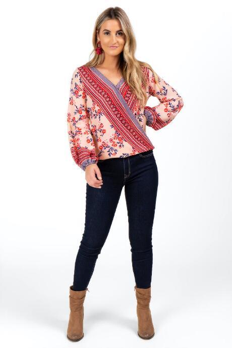 Francesca's Fabia Scarf Print Blouse - Peach