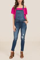 Francesca's Lilah Front Pocket Destructed Overalls - Light Blue