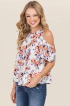 Francesca's Melina Cold Shoulder Floral Ruffled Top - White