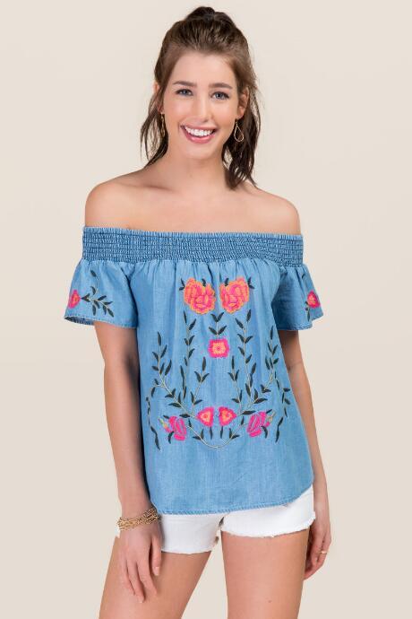 Blue Rain Prue Floral Embroidered Off The Shoulder Top - Lite