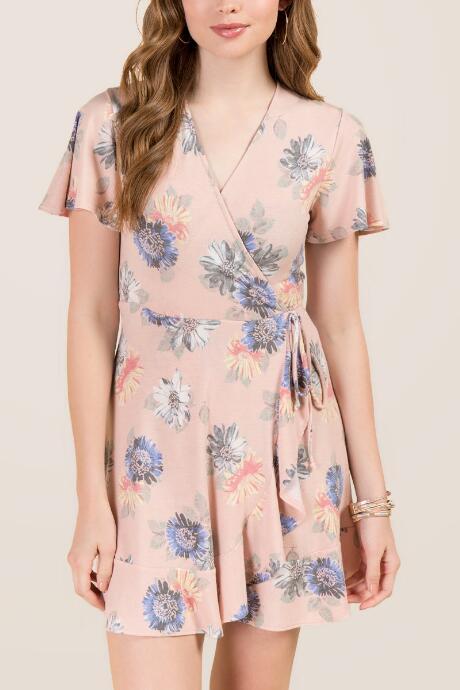 Francesca's Macy Floral Wrap Knit Dress - Blush