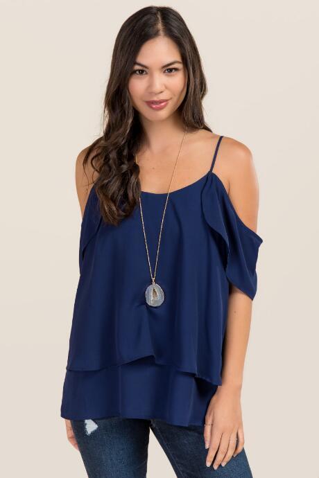 Francesca's Eloise Cold Shoulder Ruffle Layer Tank - Navy