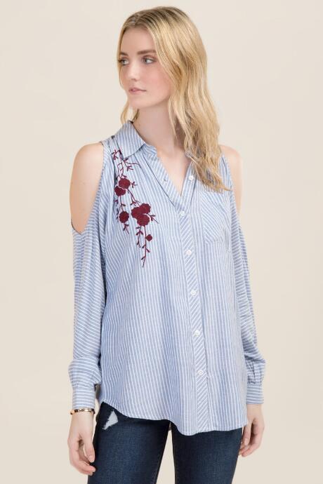 Mi Ami Ginger Cold Shoulder Striped Button Down - Oxford Blue