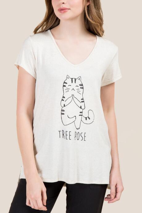 Francesca's Kitty Tree Pose Graphic Tee - Heather Oat