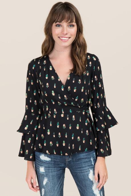 Blue Rain Iyana Ruffle Cactus Wrap Top - Black
