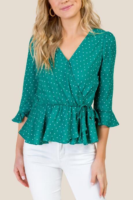 Francesca's Stacy Polk Dot Peplum Blouse - Forest