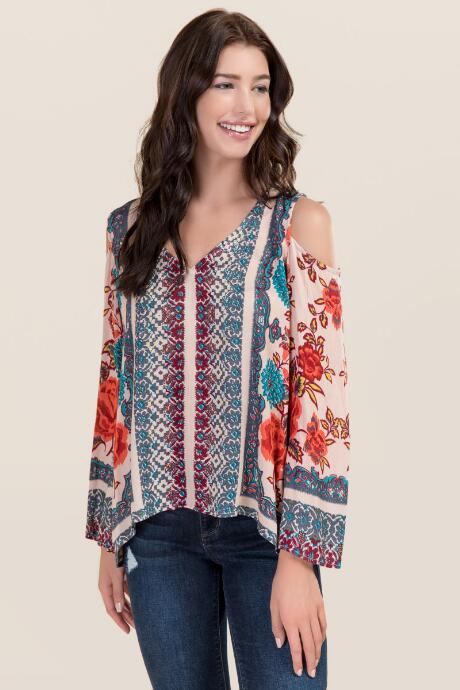 Blue Rain Carter Cold Shoulder Rose Blouse - Beige