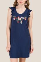 Francesca's Elaine Embroidered Neck Ruffle Sleeve Knit Dress - Navy