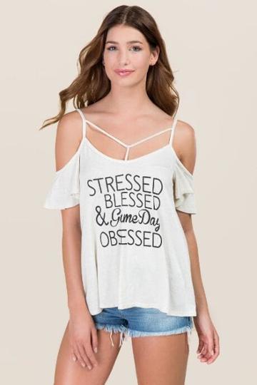 Sweet Claire Inc. Stressed Blessed & Gameday Obsessed Strappy Graphic Tee - Heather Oat