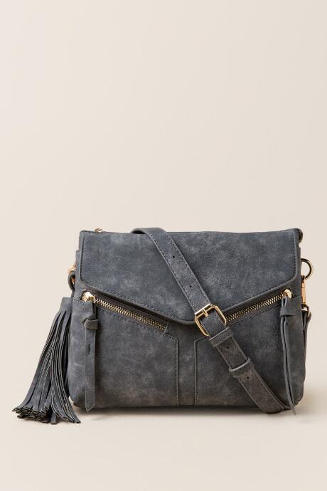 Francesca's Delaney Tassel & Zipper Distressed Crossbody - Gray