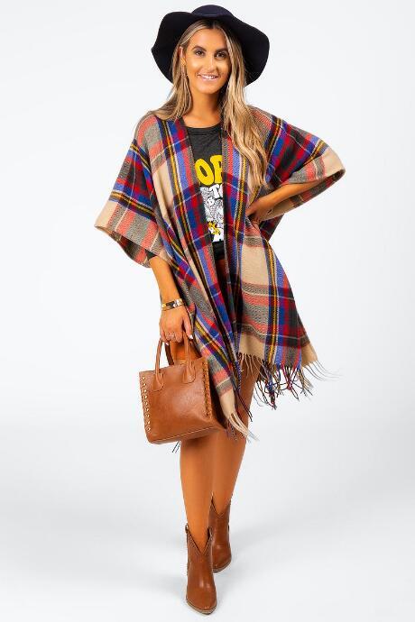 Francesca's Giselle Plaid Knit Kimono - Multi