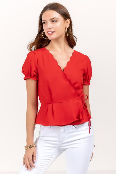 Francesca's Gracie Scalloped Edge Blouse - Red