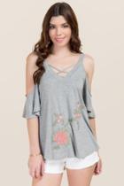 Alya Theia Rose Embroidered X Neck Cold Shoulder Knit Top - Heather Gray