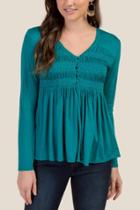 Francesca's Leah Button Front Smocked Top - Forest