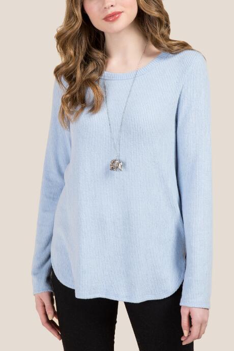 Francesca's Pippa Ribbed Brushed Hacci Top - Oxford Blue