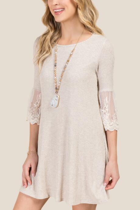 Francesca's Georgina Scoop Neck Crochet Sleeve Dress - Ivory