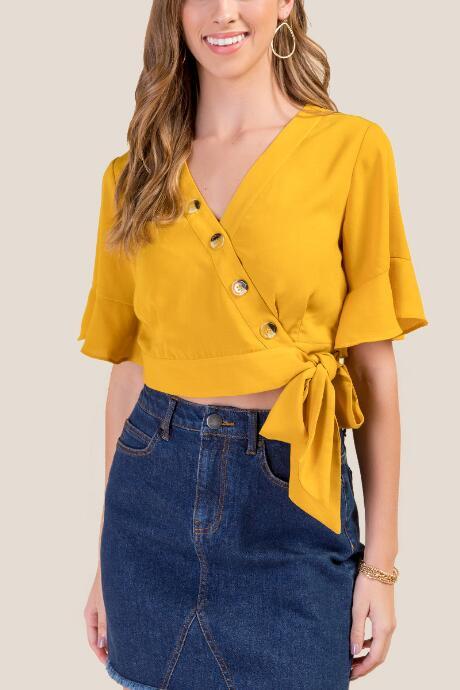 Francesca Inchess Dua Side Tie Button Front Crop Top - Mustard