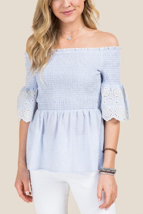 Francesca's Melody Smocked Eyelet Off The Shoulder Top - Light Blue