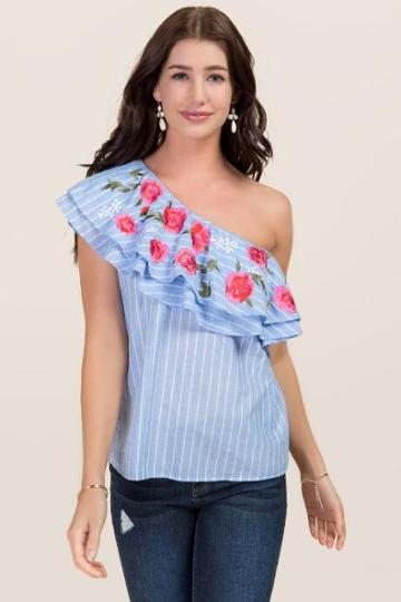 Blue Rain Suki One Shoulder Ruffle Floral Embroidered Top - Oxford Blue