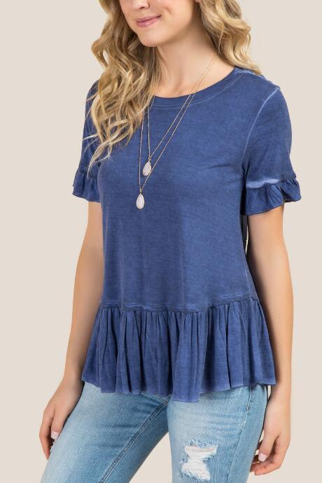 Francesca's Dawn Short Sleeve Ruffle Trim Oil Wash Top - Navy