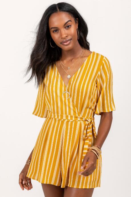 Francesca's Carrie Striped Surplice Romper - Mustard