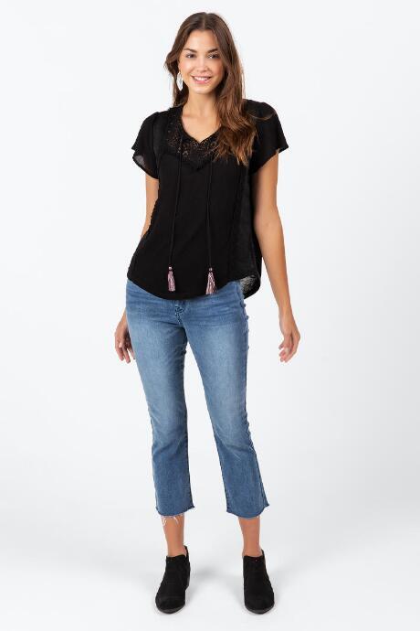Francesca's Oda Lace V Neck Blouse - Black