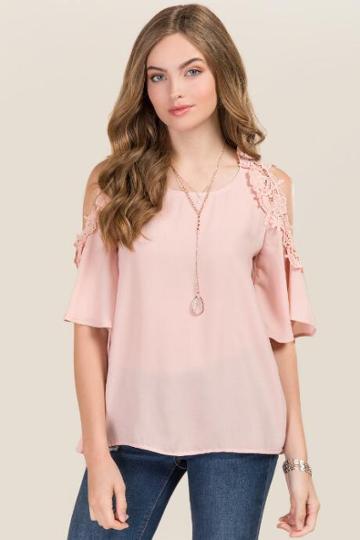 Blue Rain Alissa Crochet Cold Shoulder Linen Top - Blush