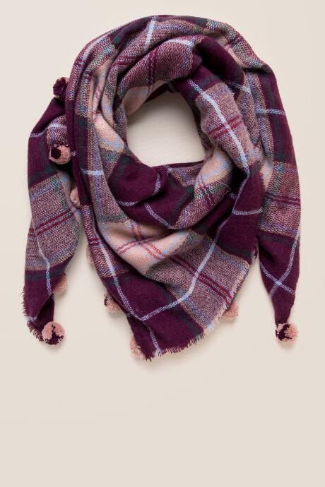 Francesca's Marilla Plaid Pom Pom Blanket Scarf - Purple
