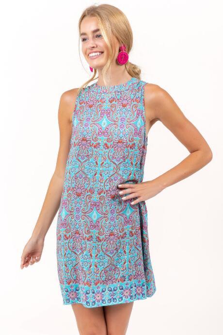Francesca Inchess Eleanor Paisley Shift Dress - Aqua