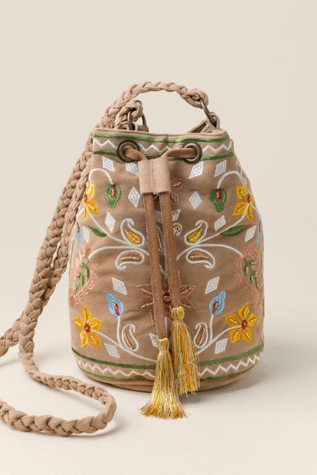 Francesca's Lucia Floral Embroidered Bucket Bag - Tan
