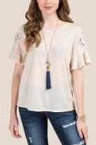 Francesca Inchess Amelia Embroidered Floral Flounce Sleeve Top - Heather Oat