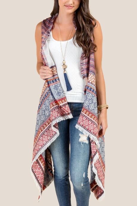 Francesca's Augusta Tribal Print Ruana Vest - Rust